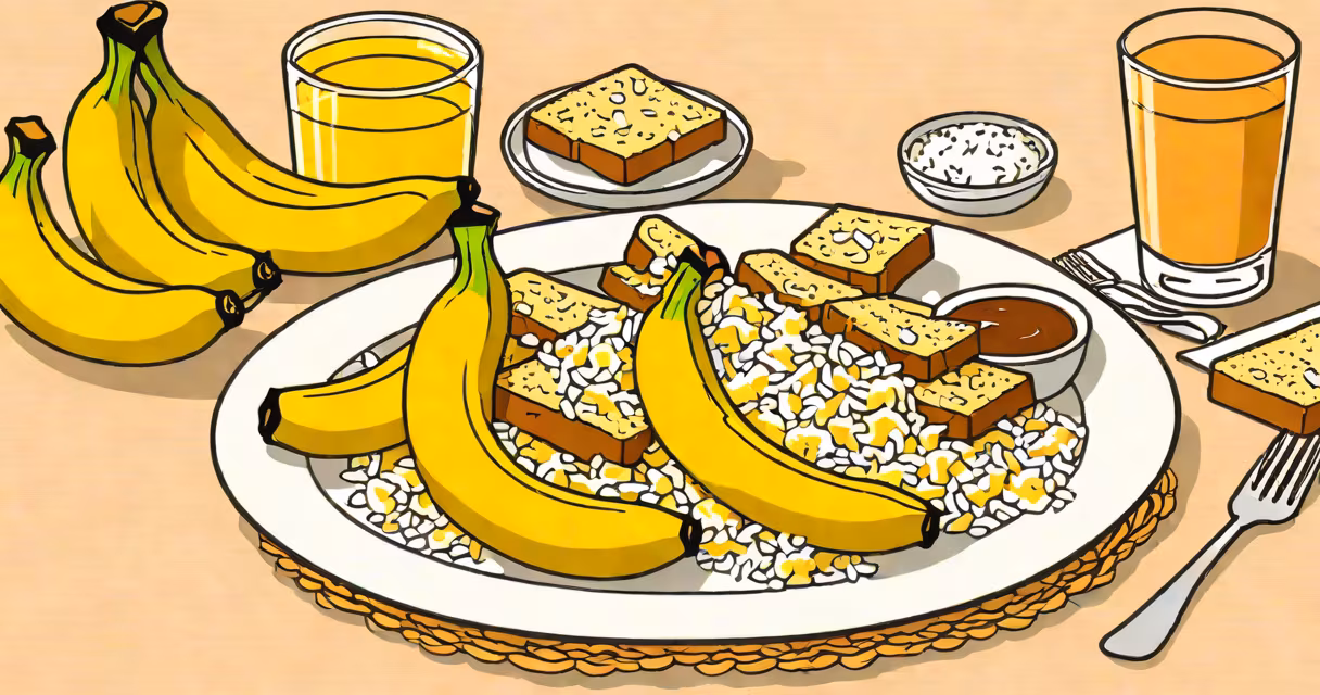 Simple meal of bananas, rice, applesauce, and toast on a white plate with a glass of clear fluid