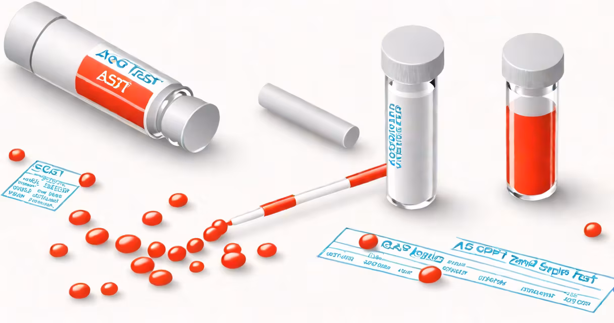Lab test vial showing blood sample with labeled AST and ALT values on a white background