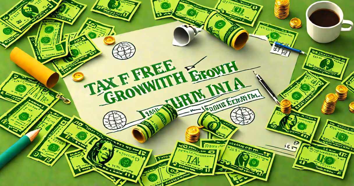 Illustration of a Roth IRA account with a green checkmark and dollar bills labeled "tax-free growth"
