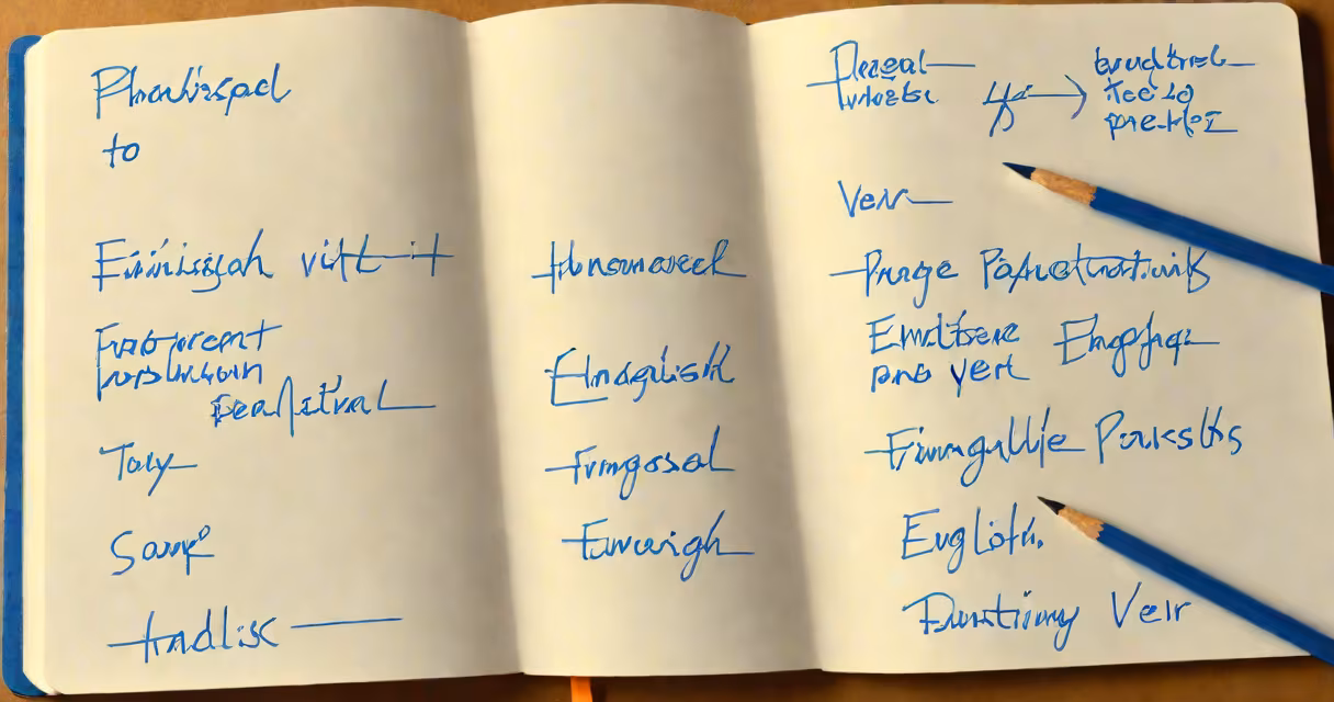 Photograph of a notebook open to a page filled with English phrasal verbs written in blue ink