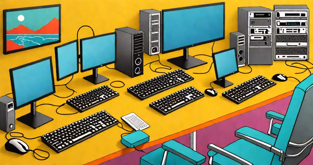 A single keyboard and mouse connected to two desktop computers via a KVM switch