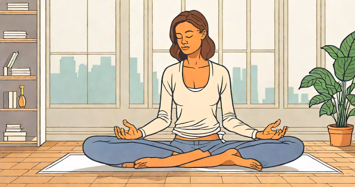 Person sitting cross-legged with eyes closed, hands resting on knees, in a quiet room with soft natural light