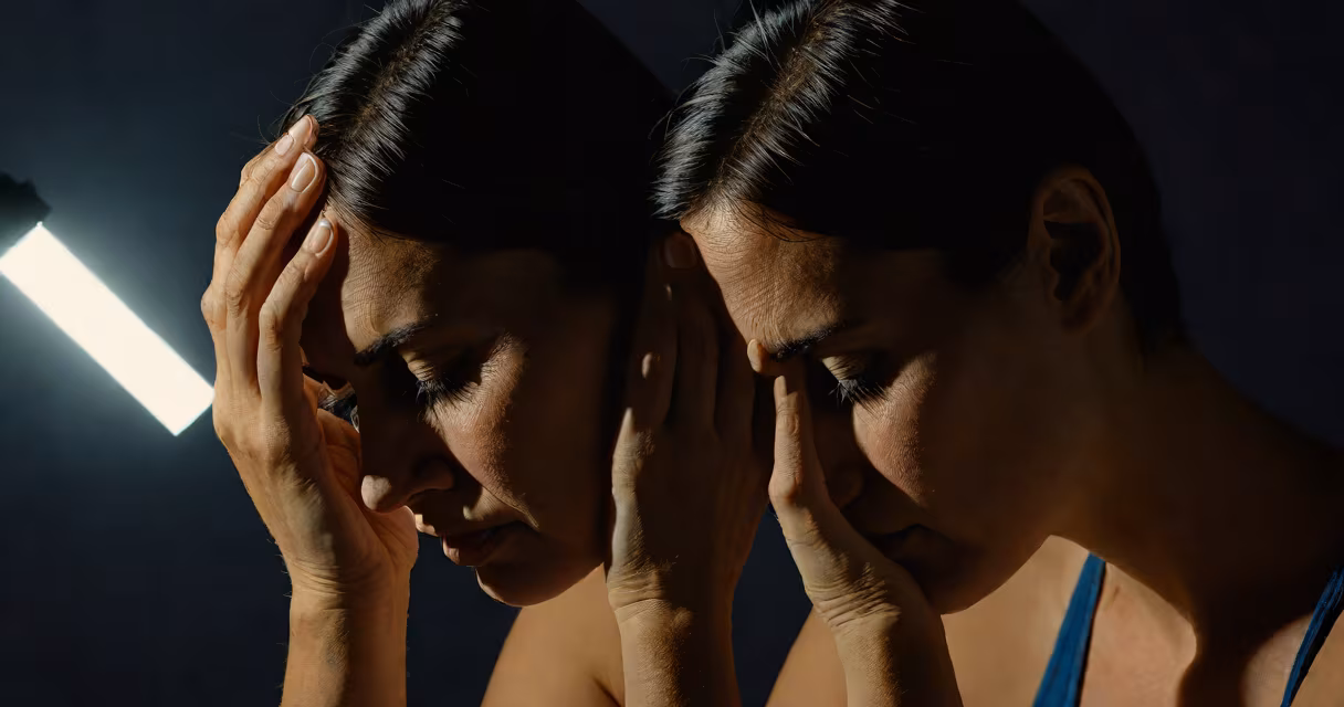 Woman clutching her head in a dimly lit room, showing visible discomfort