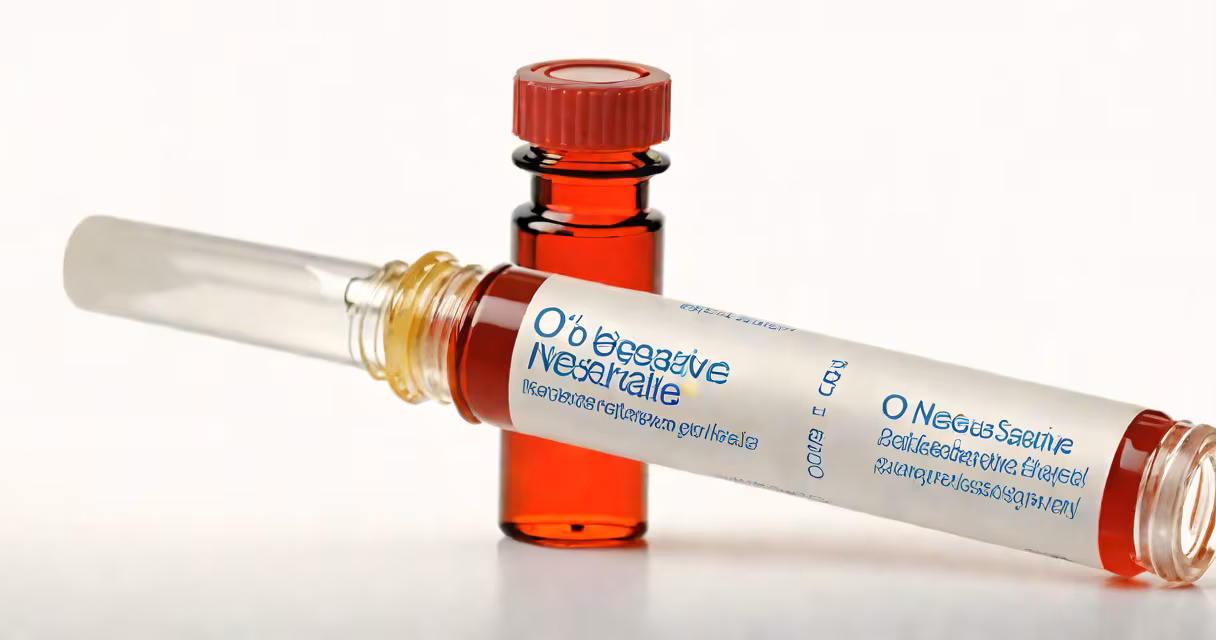 Photograph of a blood sample vial labeled 'O Negative' against a sterile white background