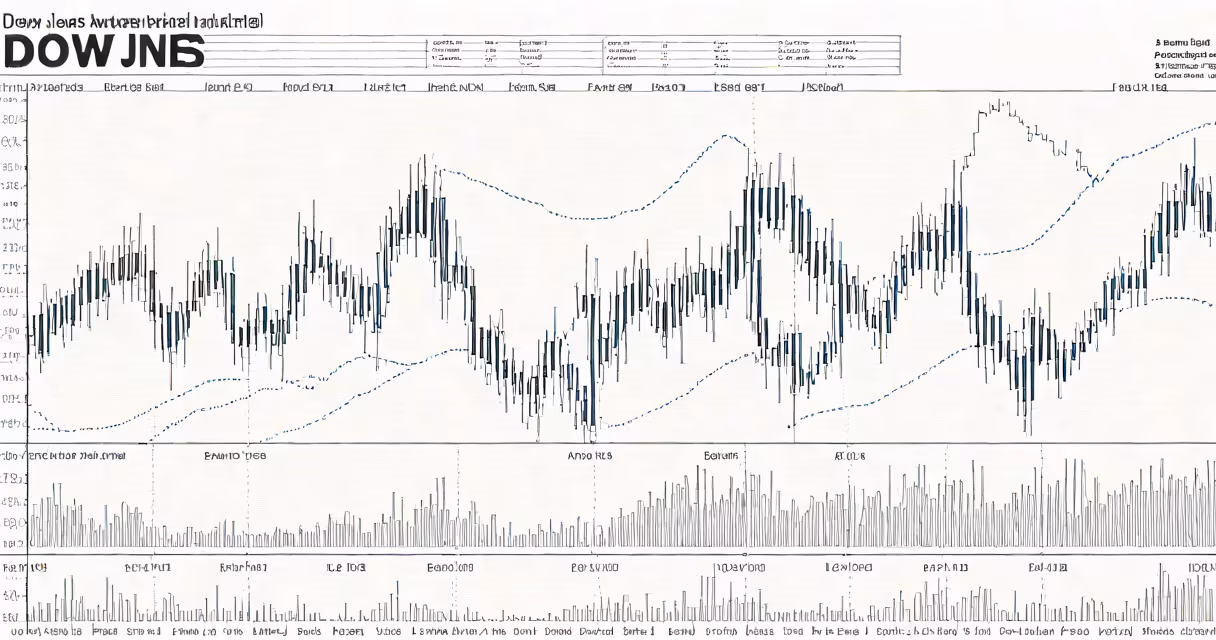 Black-and-white graphic showing the Dow Jones Industrial Average trending upward on a chart