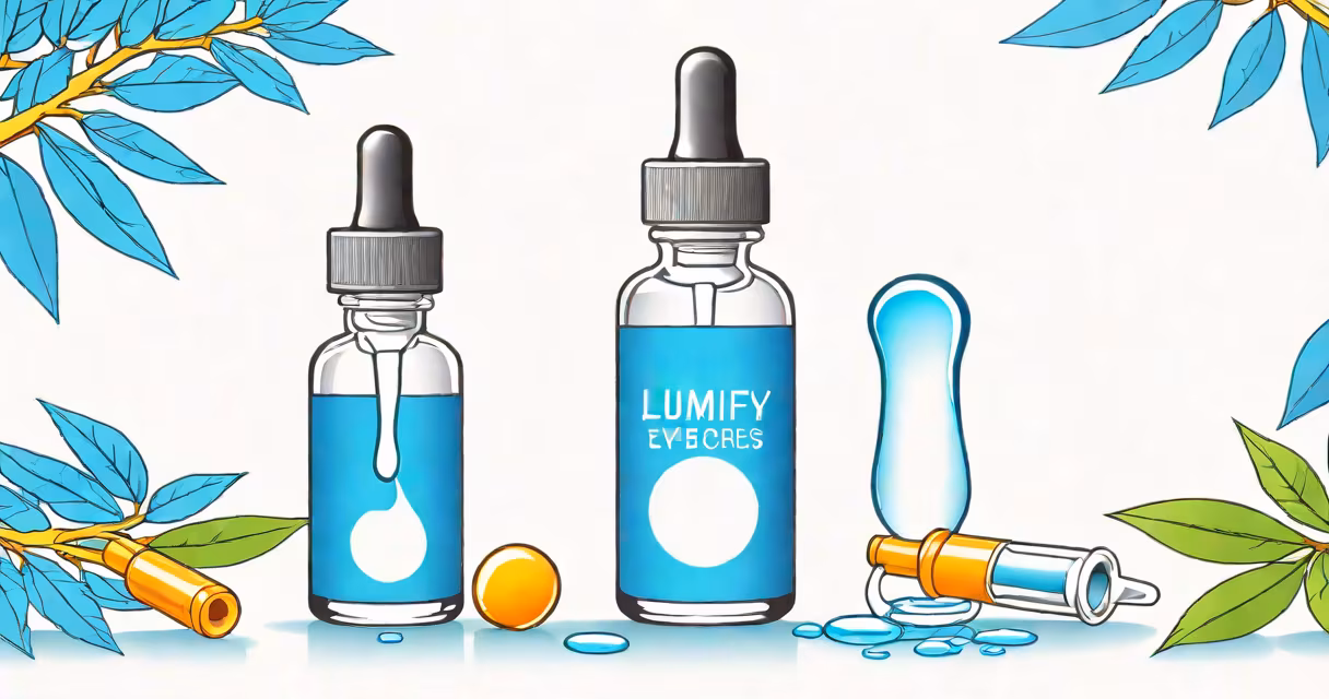 Clear eye drop bottle with blue label on white background, showing dropper tip
