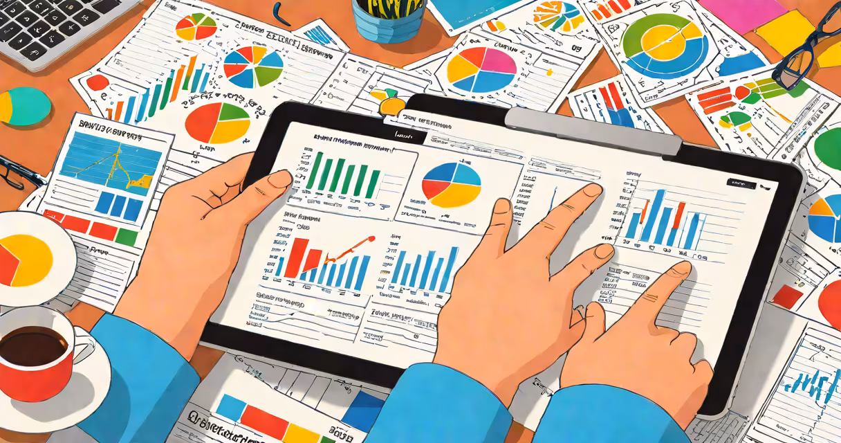Photograph of a person reviewing investment statements on a tablet, with charts and graphs visible in the background
