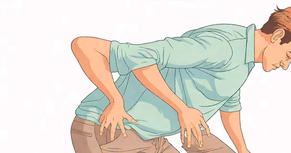 Side profile of a person holding their lower back, indicating discomfort