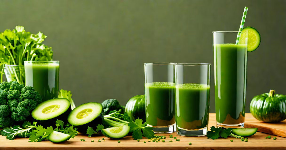 Freshly pressed green juice in a glass with celery, cucumber, and kale on a wooden table