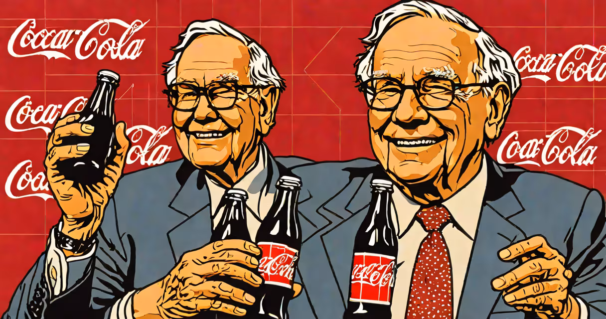 Warren Buffett holding a bottle of Coca-Cola with a stock chart overlay in the background