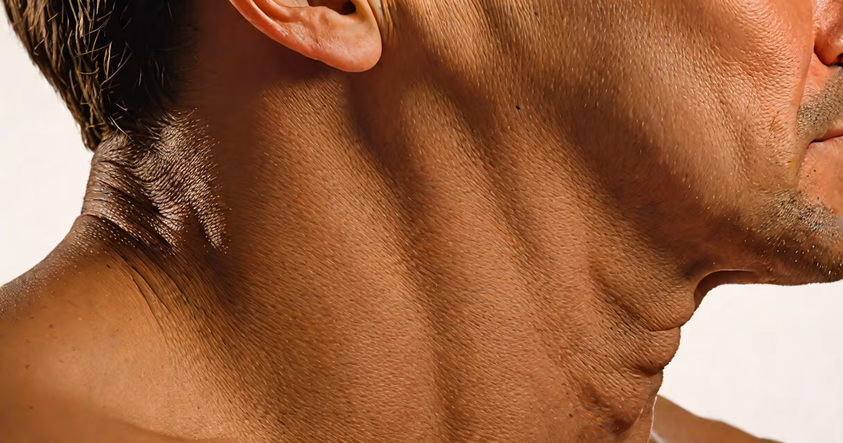 Close-up of a person's neck with visible muscle tension, seated at a desk under overhead lighting