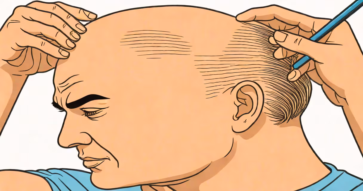Close-up of a person applying a hair fiber product to a bald spot on the crown