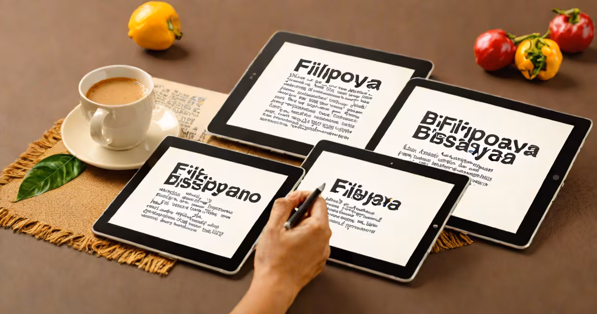 Side-by-side comparison of Filipino and Bisaya text on a tablet screen