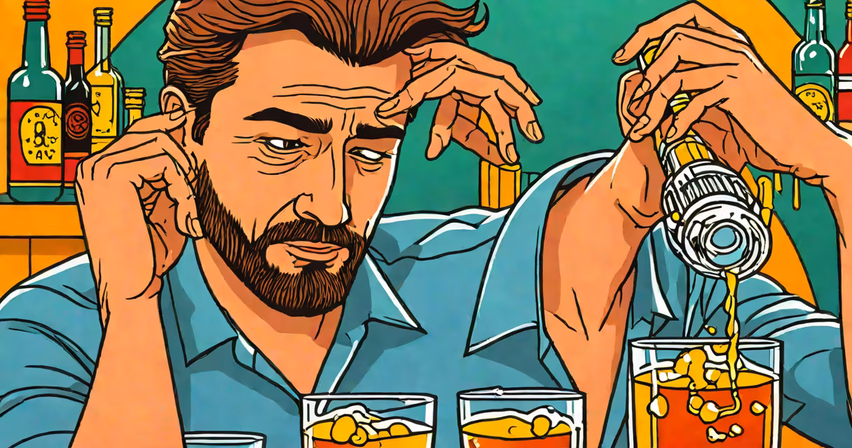 Person holding head in discomfort after drinking alcohol, subtle redness on face