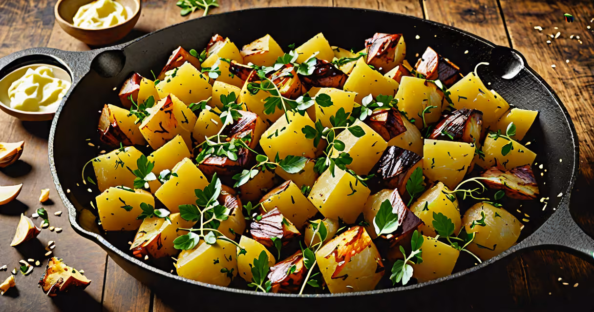 Golden-brown crushed new potatoes with garlic and herbs in a cast-iron skillet