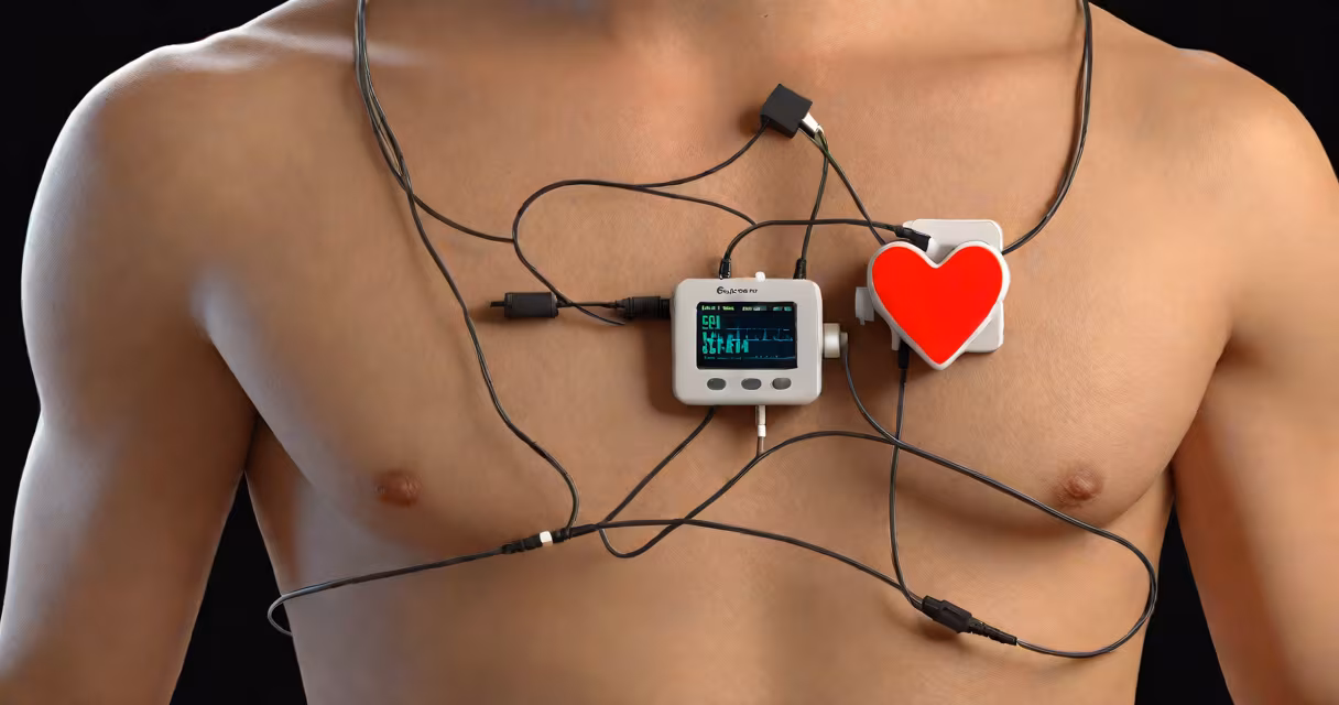 A person wearing a small heart monitor device on their chest with leads connected to sensors