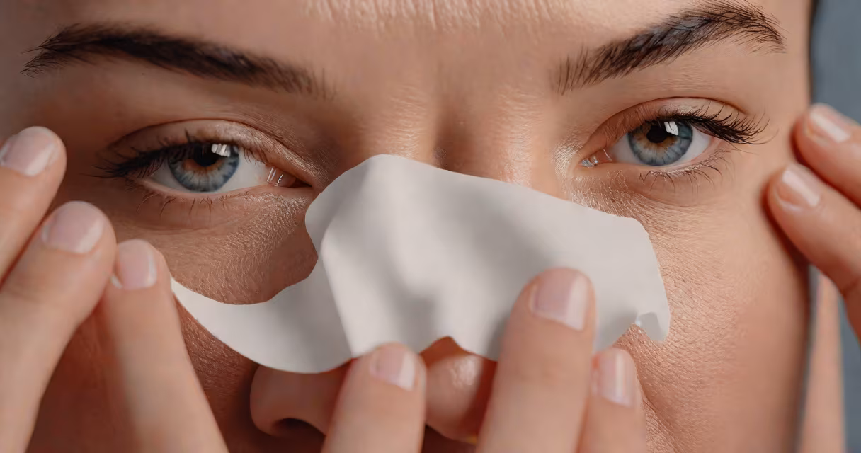 Close-up of a person applying a cold compress to their closed eyelids