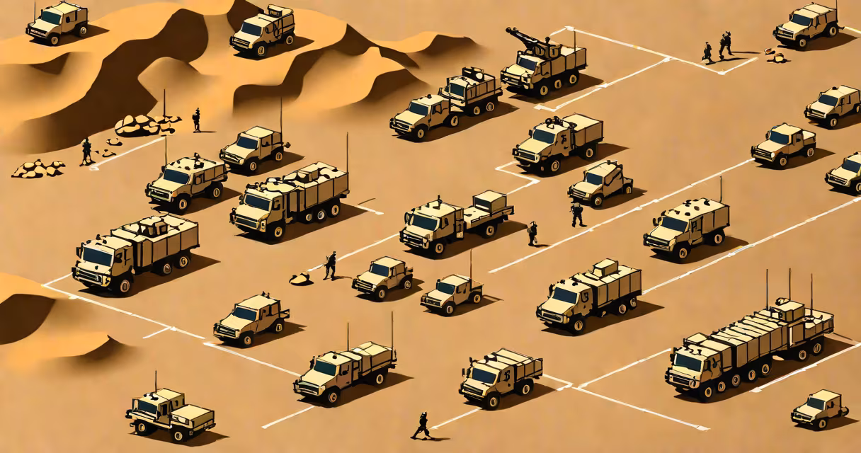 A military convoy transporting supplies through a desert terrain under clear skies
