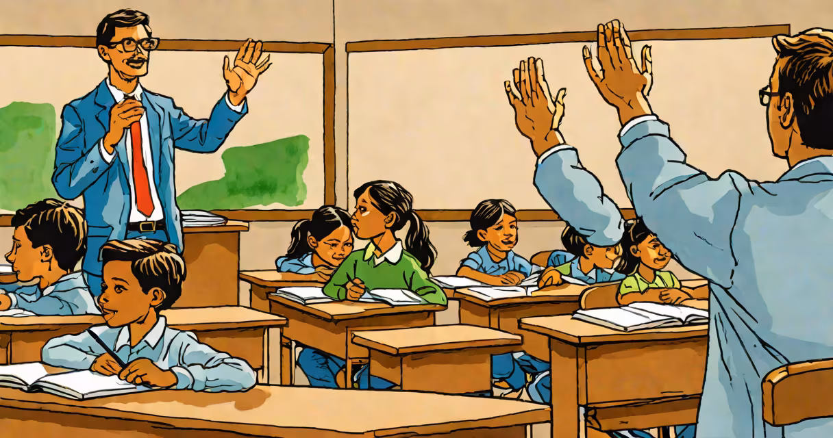 Student raising hand in class while teacher looks on, symbolic of power dynamics