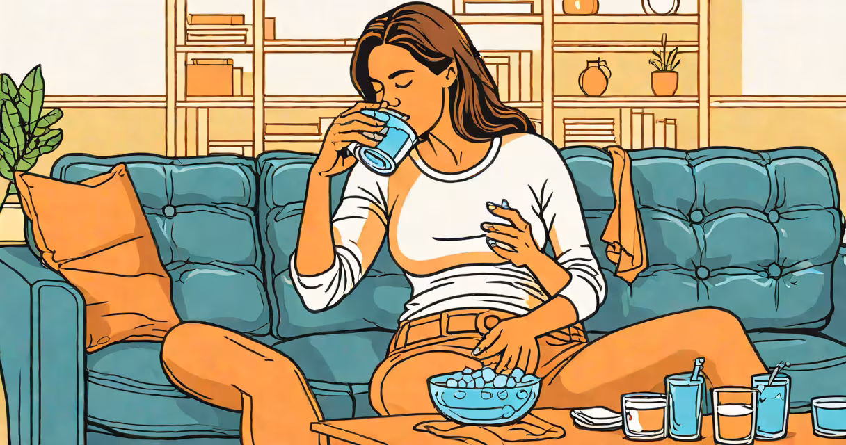 Woman holding her abdomen in discomfort, seated on a couch with a glass of water nearby
