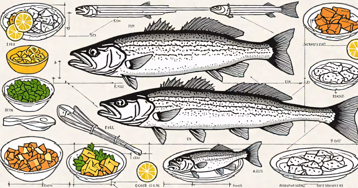Fresh sea bass fillets on a white plate with a small bowl of mercury symbol and a scale