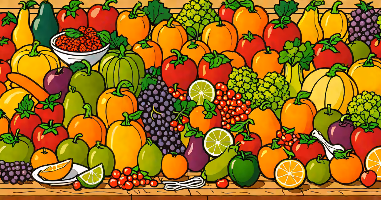 Fresh colorful produce arranged on a wooden table with sunlight streaming in