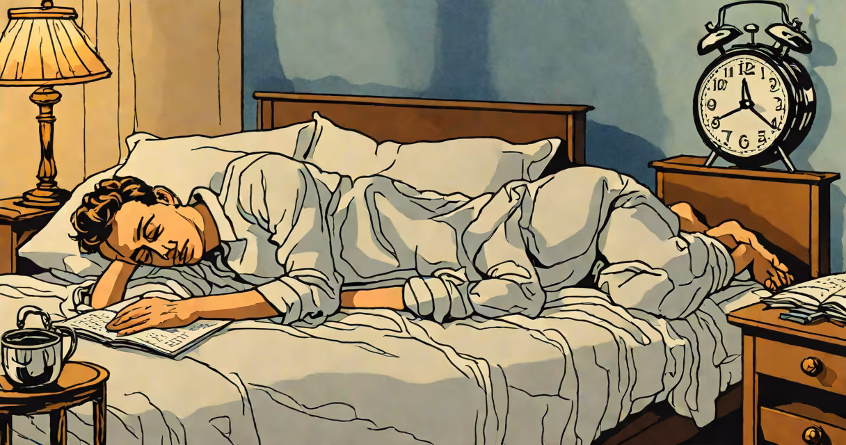 Person lying awake in bed at night, clock showing 2:47 AM, dim bedroom lighting