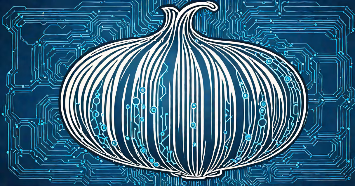 Blue and white illustration of a layered onion with digital circuit patterns inside, symbolizing encrypted data paths