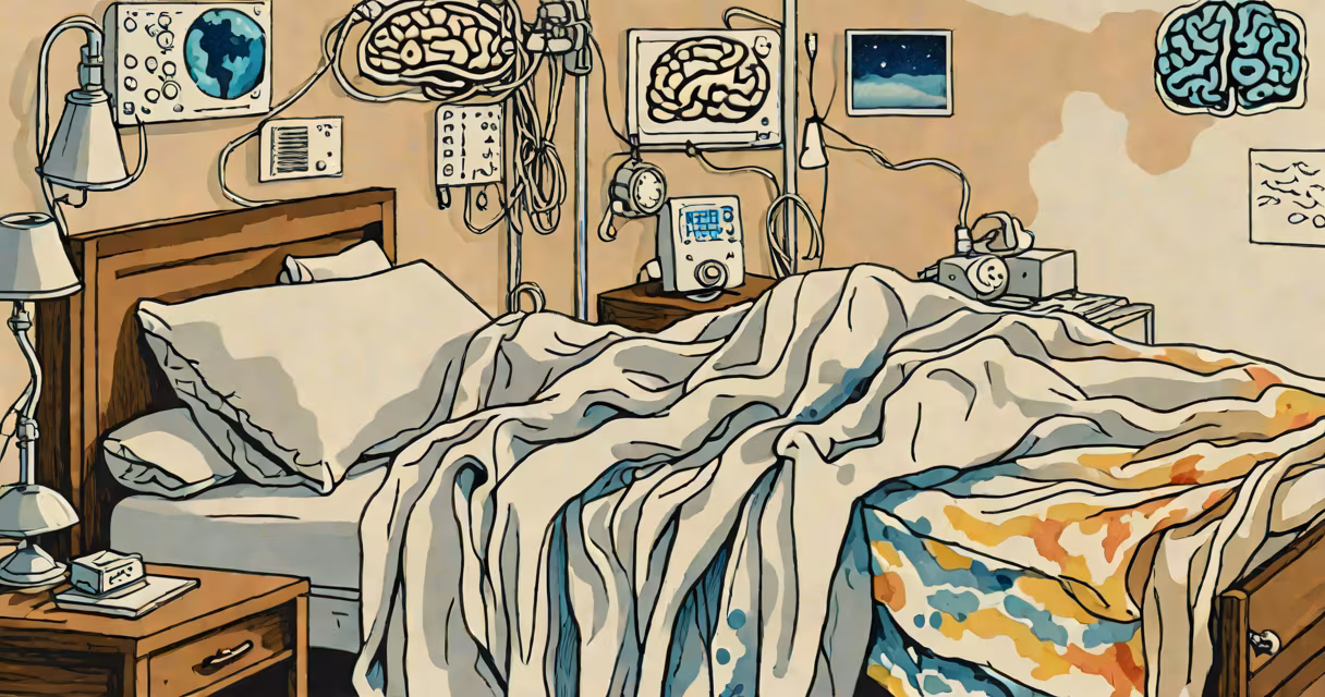 Brain scan showing neural activity during REM sleep, with a person lying in bed under a blanket