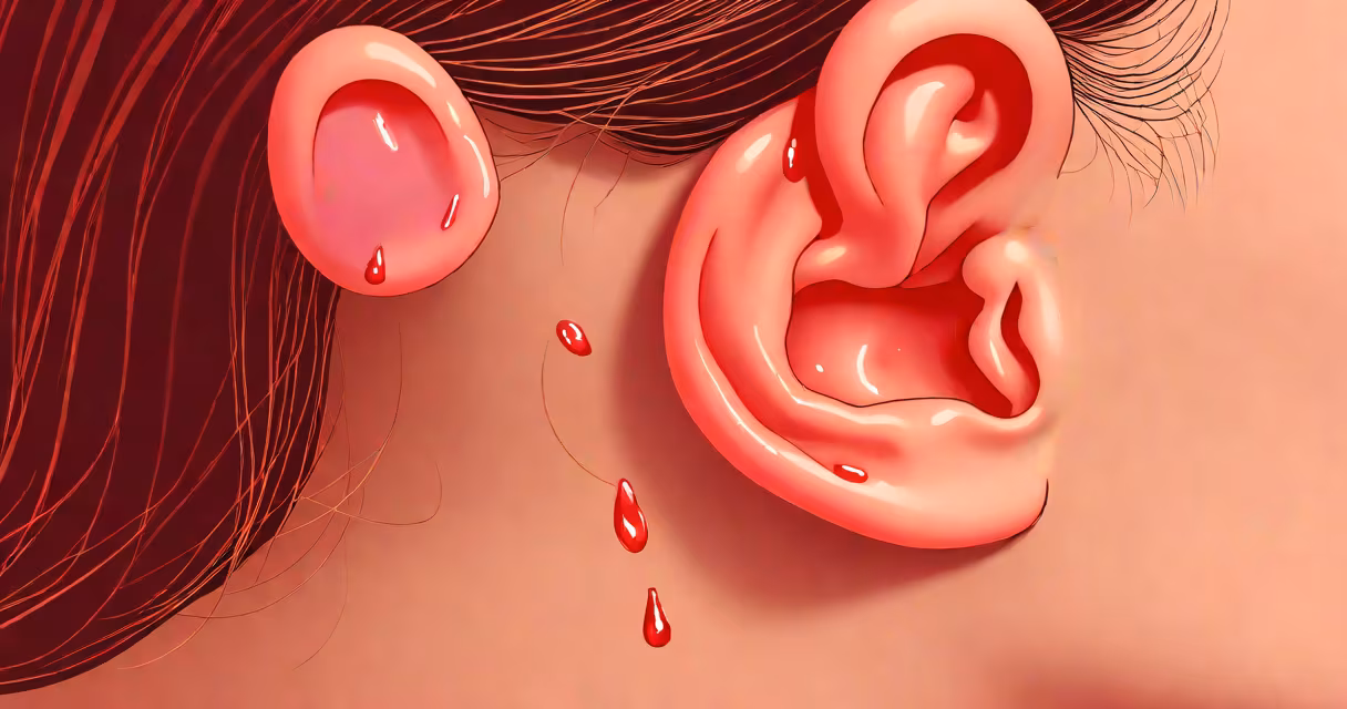 Close-up of a red, swollen boil on the outer ear with visible pus