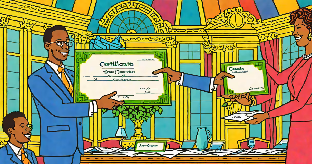 Photograph of a person handing over a stock certificate to a nonprofit representative in a formal setting