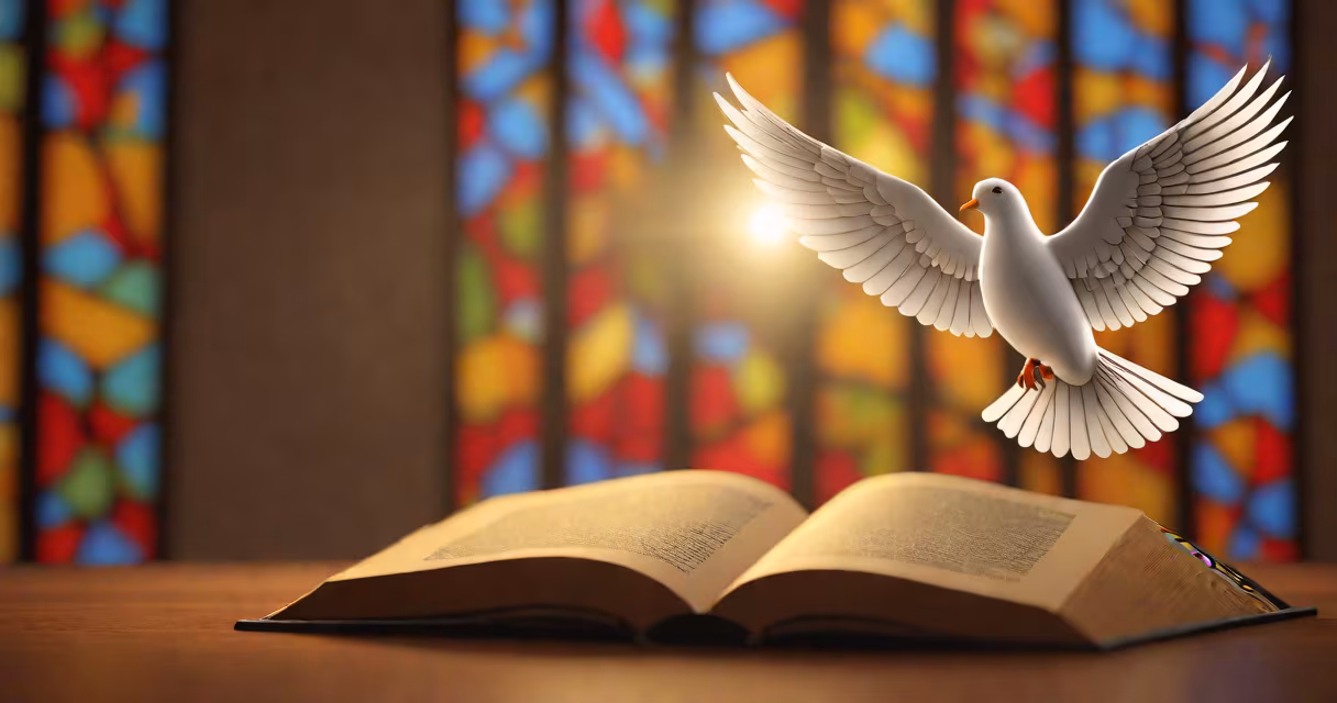 A stained-glass depiction of the Holy Spirit as a dove above a Bible, with light streaming through