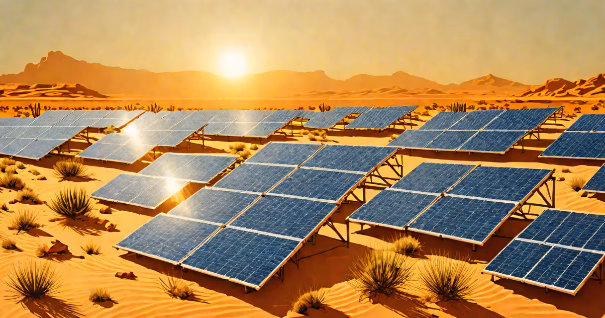 Sunlight shining on solar panels in a desert landscape, capturing natural energy