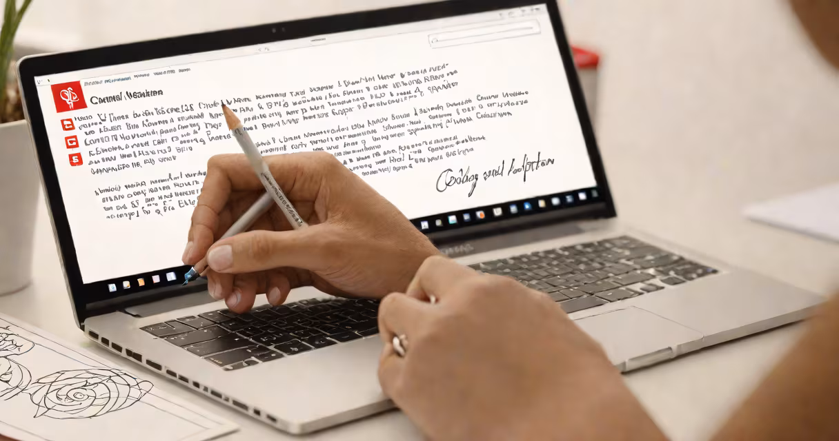 Close-up of a student writing a college application essay on a laptop with Cornell's logo visible
