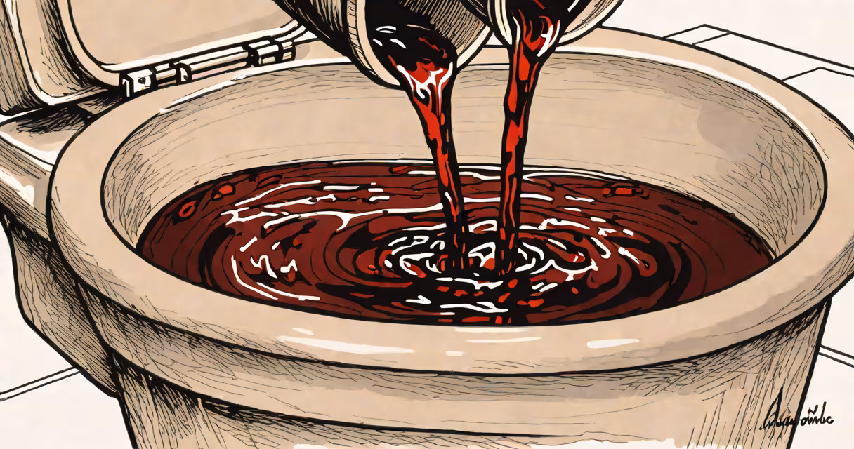 Close-up of brownish liquid in a toilet bowl after vomiting, with a glass of red wine nearby