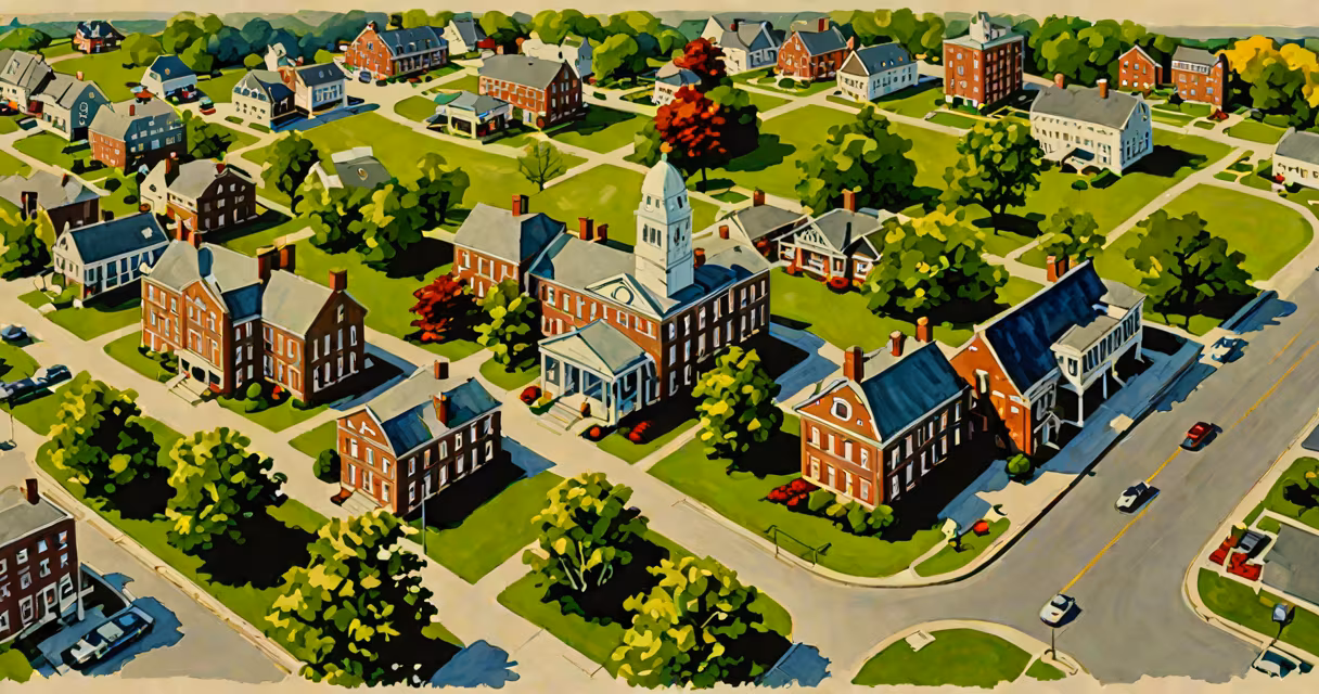 Aerial view of Webster Town Hall and surrounding residential streets in Monroe County, New York