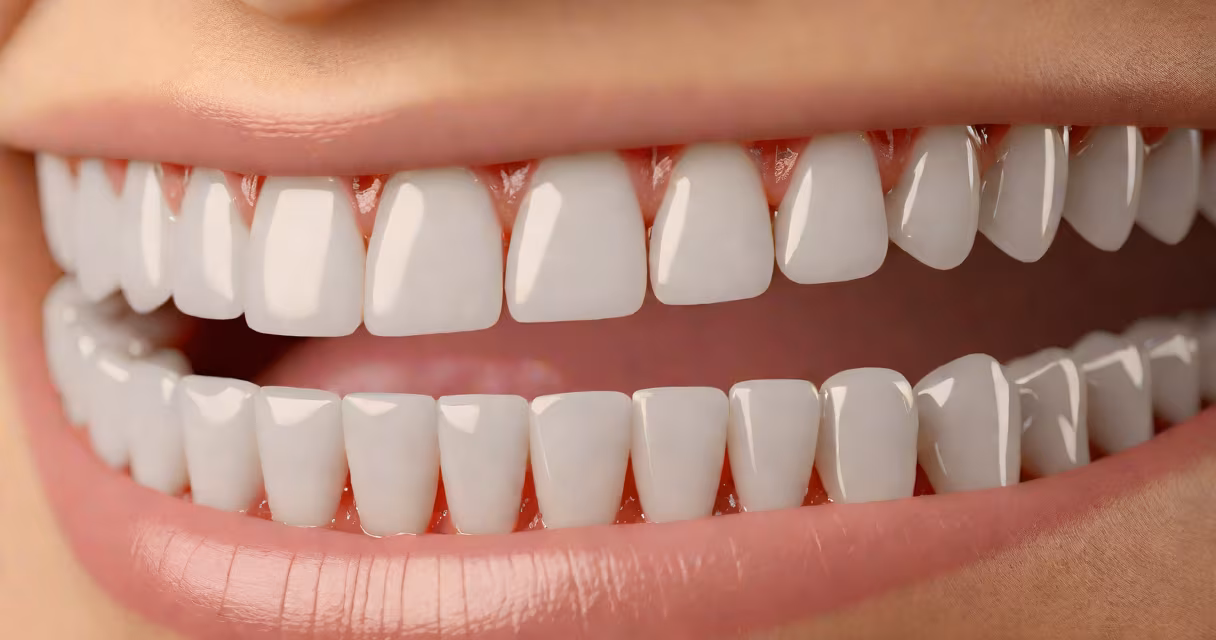 Close-up of whitening strips on teeth with subtle glow effect to show chemical action