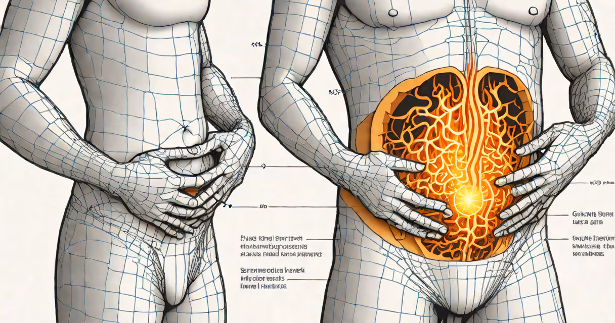 Close-up of a person clutching their abdomen, showing visible discomfort