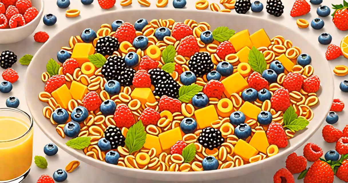 A colorful assortment of whole grain breakfast cereals in a white bowl with milk and fresh berries