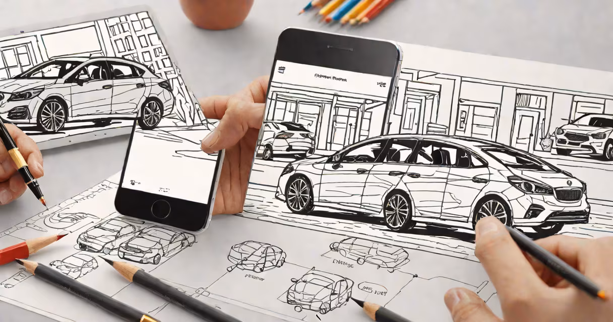 Modern smartphone showing a clean interface of a car buying website with filters and vehicle images