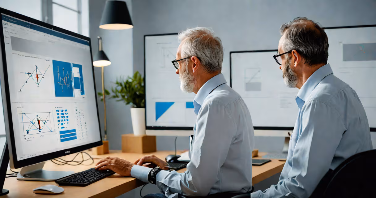 Senior product manager in a tech office reviewing wireframes on a large monitor