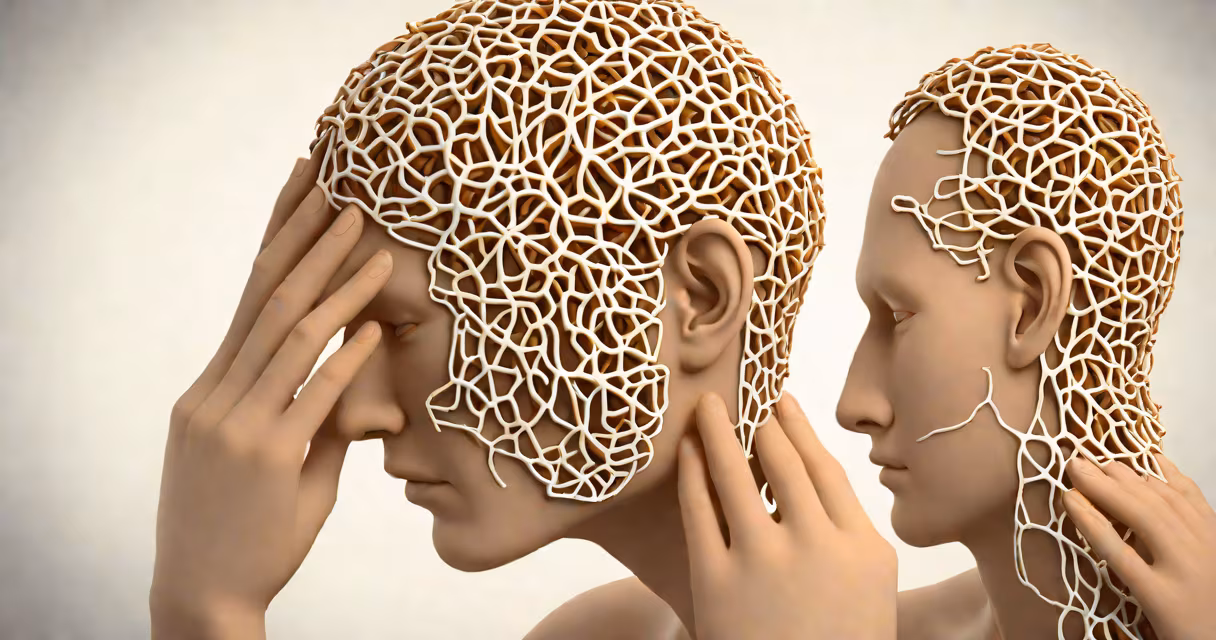Close-up of a person holding their head, showing discomfort, against a neutral background