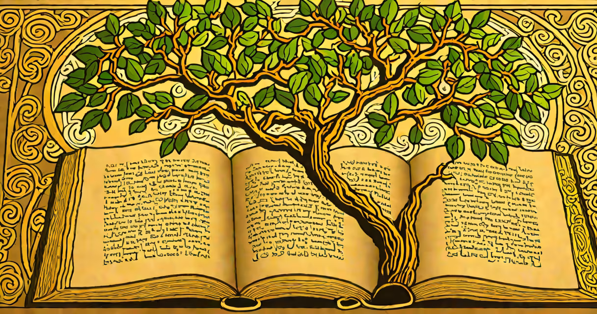 Close-up of ancient Hebrew text showing the word "Chavvah" with a stylized tree of life in the background