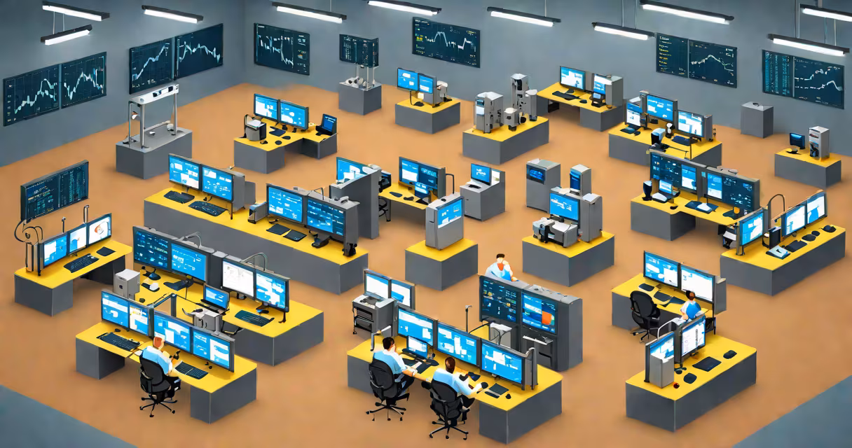 Clear photo of a trading floor with diesel fuel symbols and price charts on screens