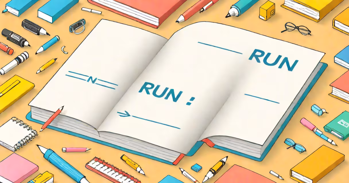 A close-up of a notebook showing the word "run" written as both a noun and a verb
