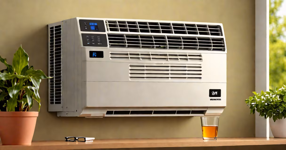 Modern window air conditioner with 9,000 BTU rating mounted in a residential window