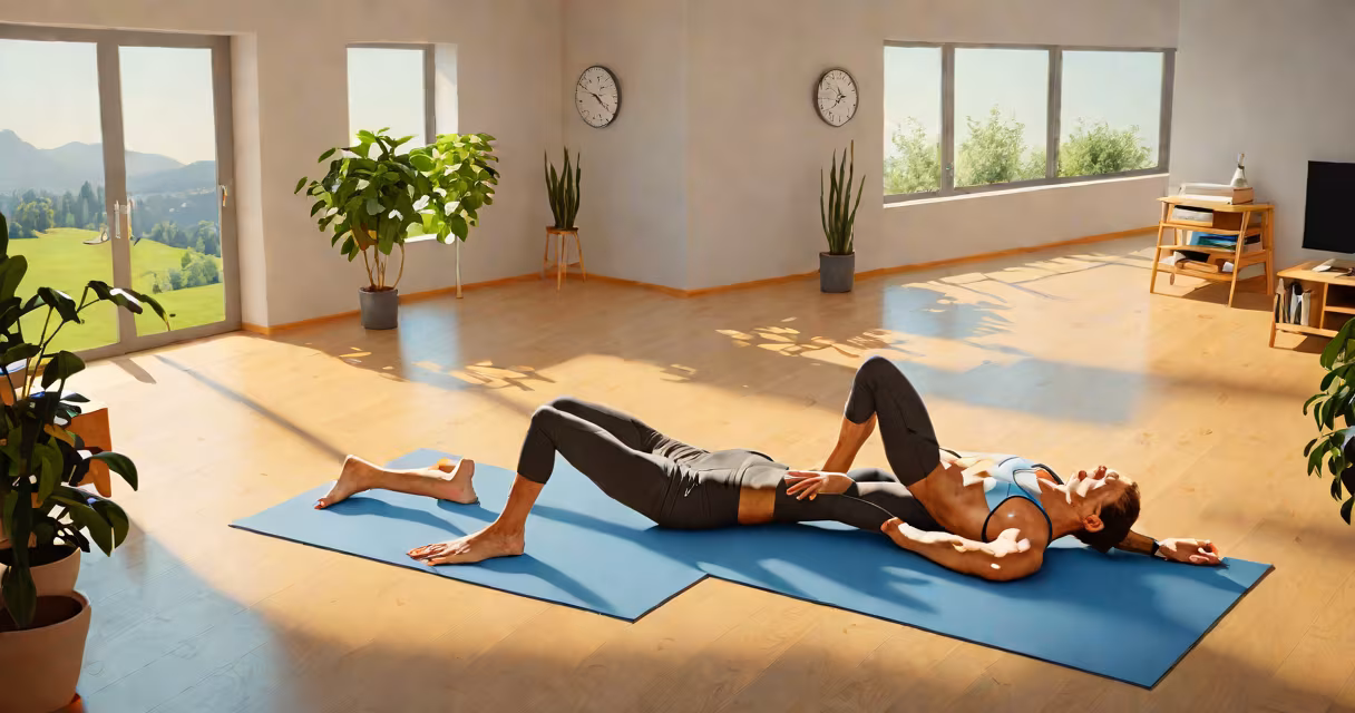 Photorealistic image of a person performing a plank on a yoga mat in a sunlit home gym