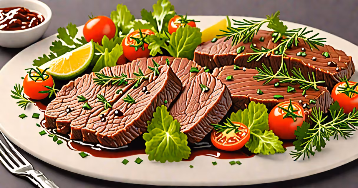 Close-up of cooked beef liver on a plate with herbs and vegetables