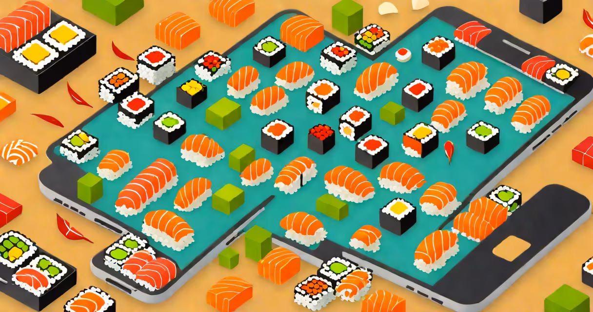 A smartphone screen showing the More Sushi Full Game interface with colorful sushi pieces sliding into place