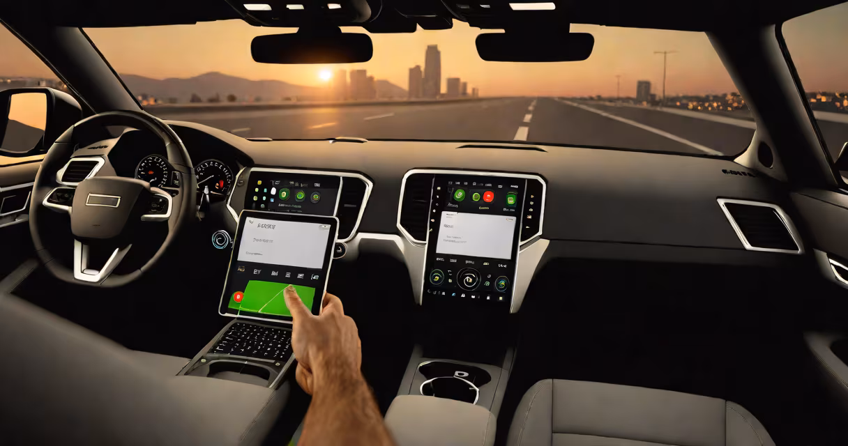 Uber driver using laptop in car with dashboard showing earnings and tax forms visible